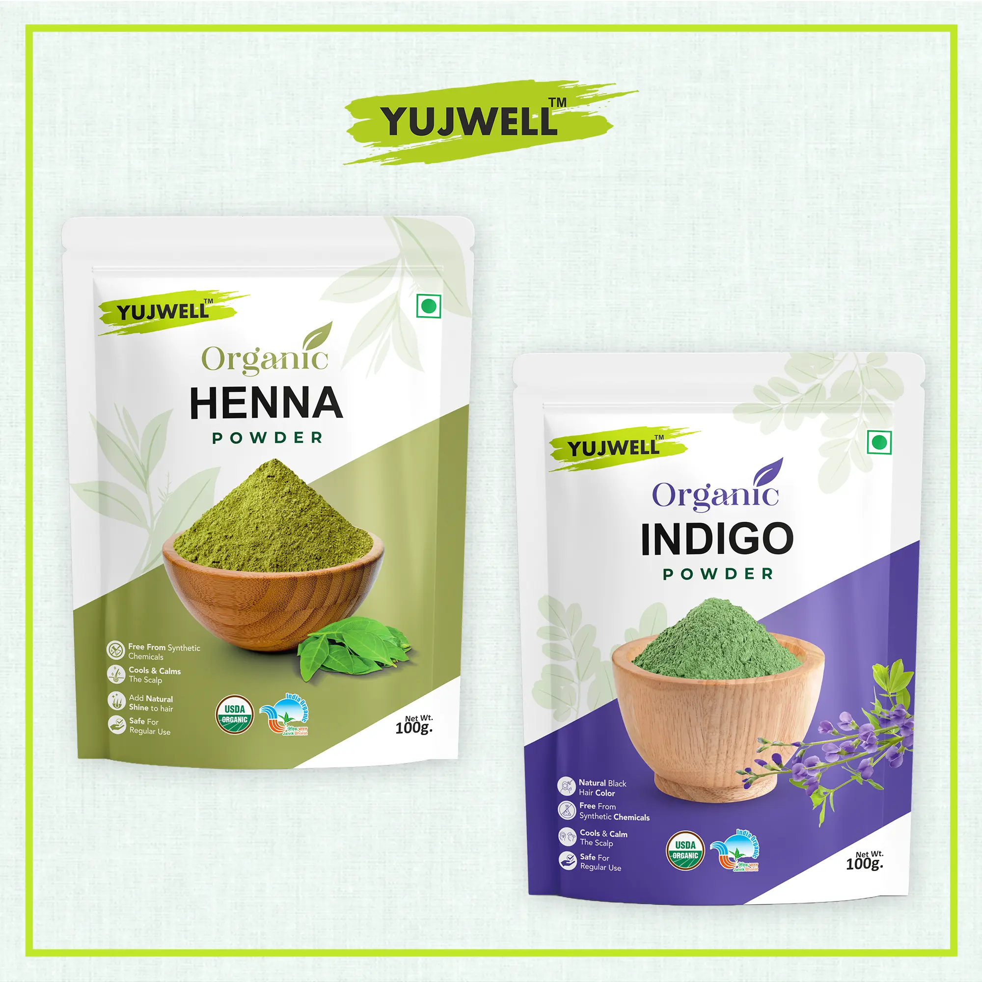 YUJWELL Henna + Indigo Powder Combo (100g + 100g) | Natural Herbal Hair Colour Kit