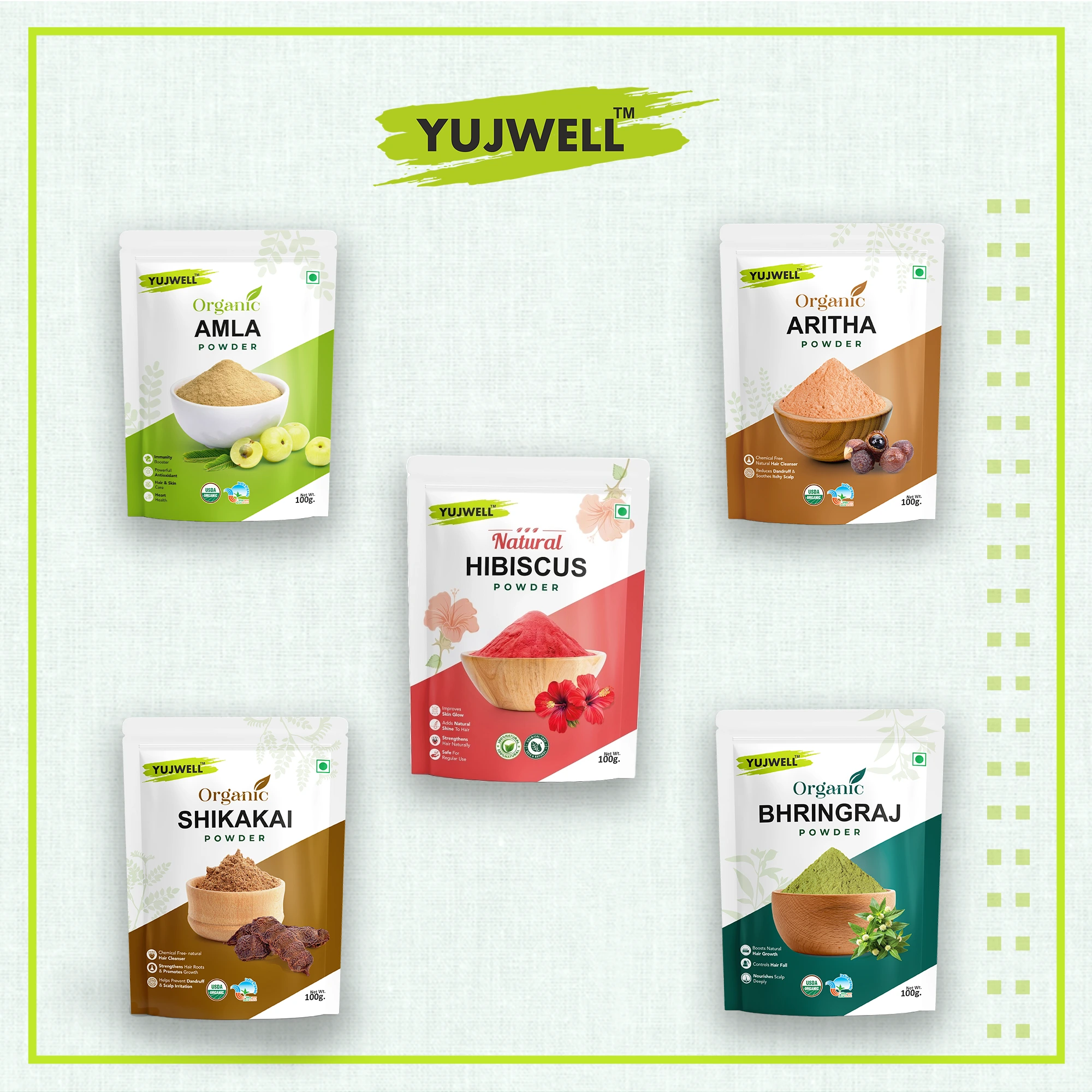 YUJWELL Organic Herbal Hair Care Combo | Amla, Aritha, Shikakai, Bhringraj & Natural Hibiscus