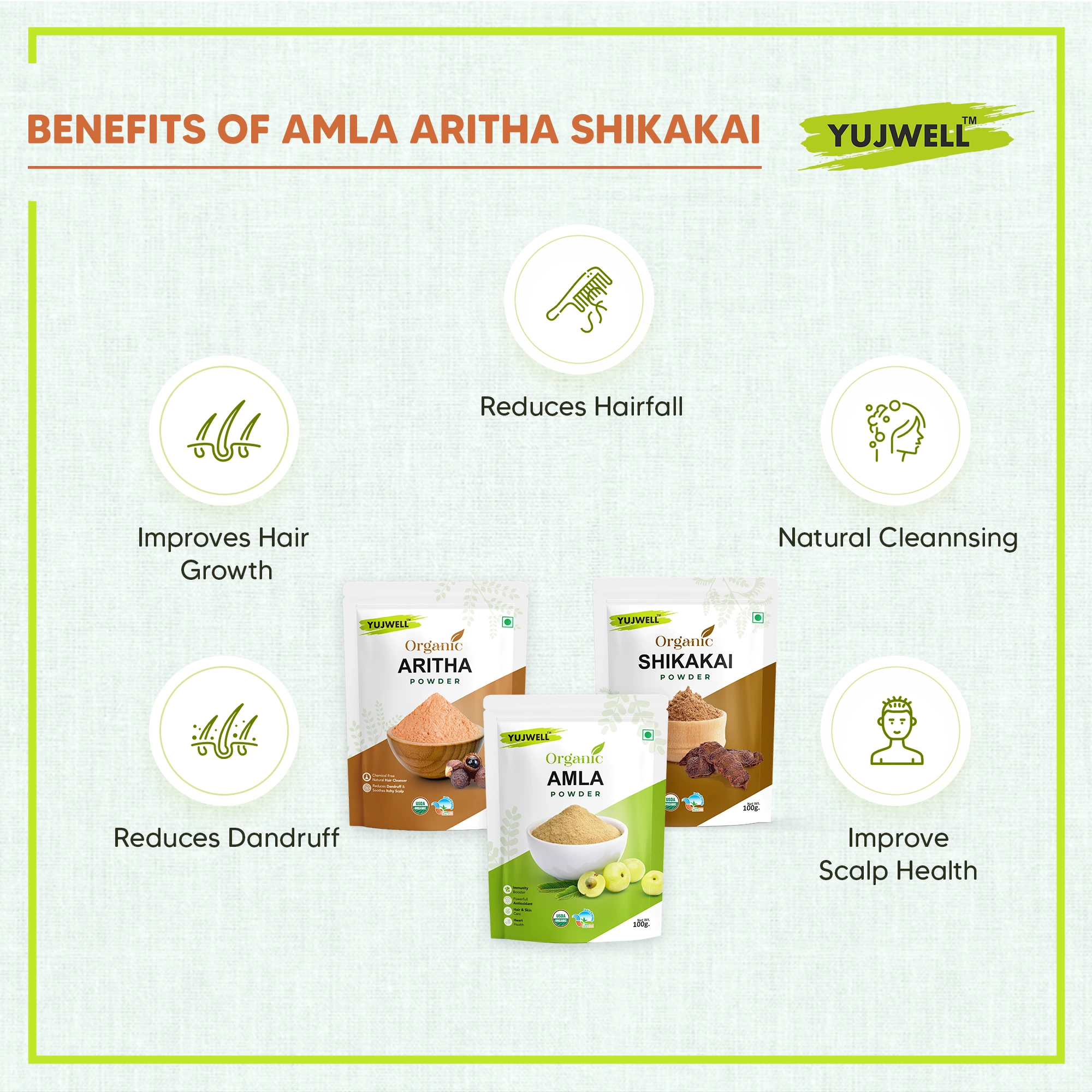 YUJWELL Amla + Aritha + Shikakai Powder Combo (100g + 100g + 100g) | Natural Herbal Hair Care Kit