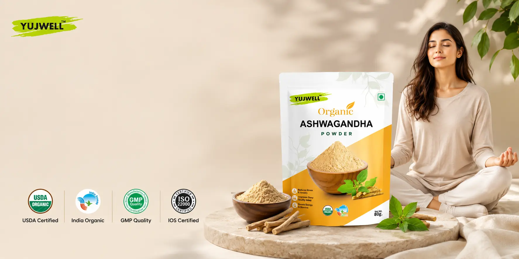 YUJWELL Certified Organic Ashwagandha Powder