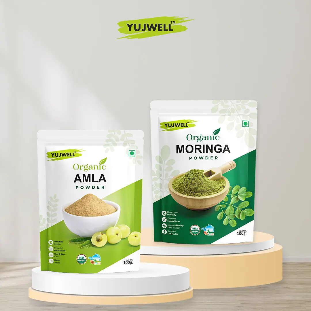 YUJWELL Organic Amla & Moringa Powder Combo | USDA Organic & India Organic Certified