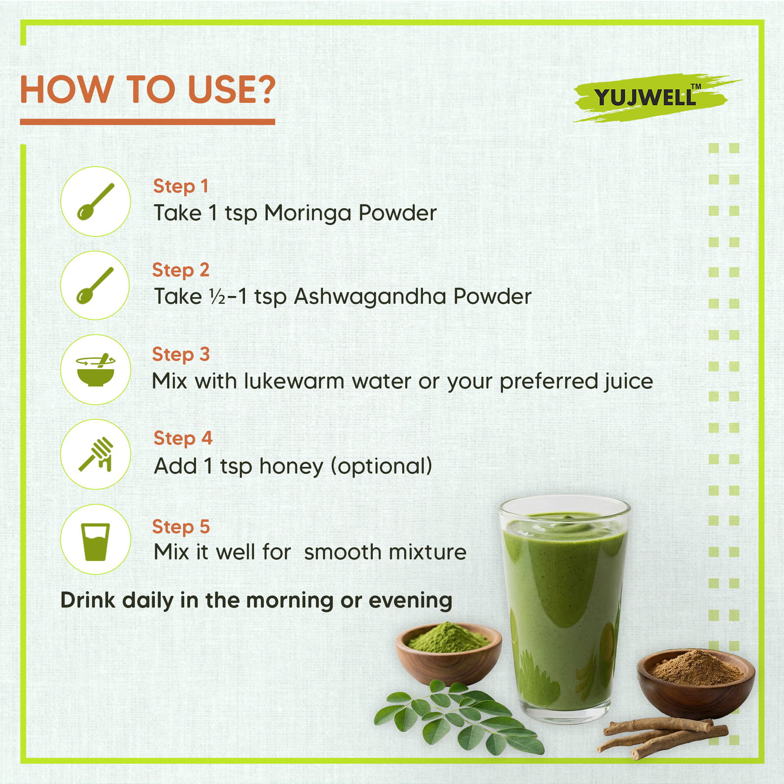 YUJWELL Organic Moringa & Ashwagandha Powder Combo | USDA Organic & India Organic Certified