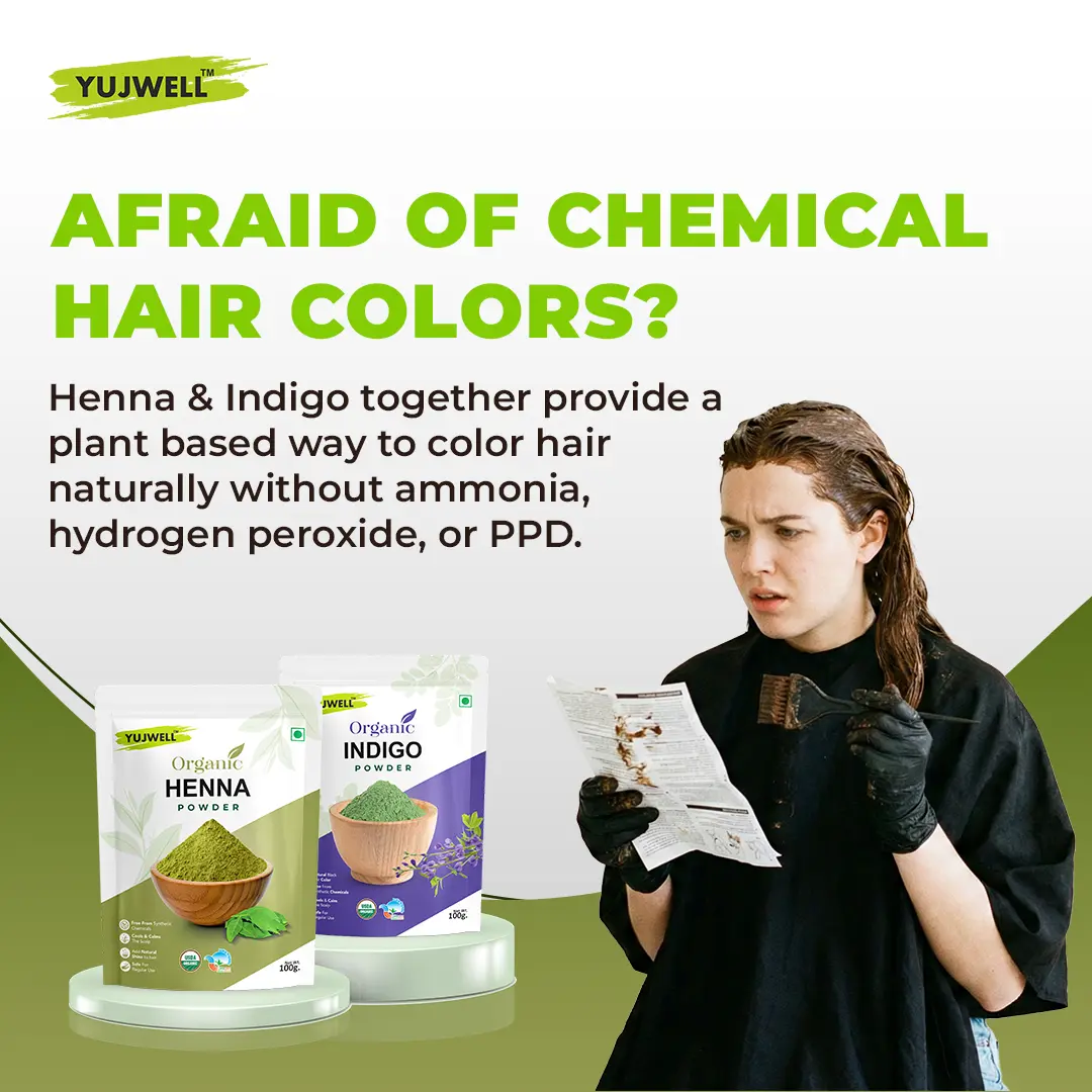 YUJWELL Henna + Indigo Powder Combo (100g + 100g) | Natural Herbal Hair Colour Kit
