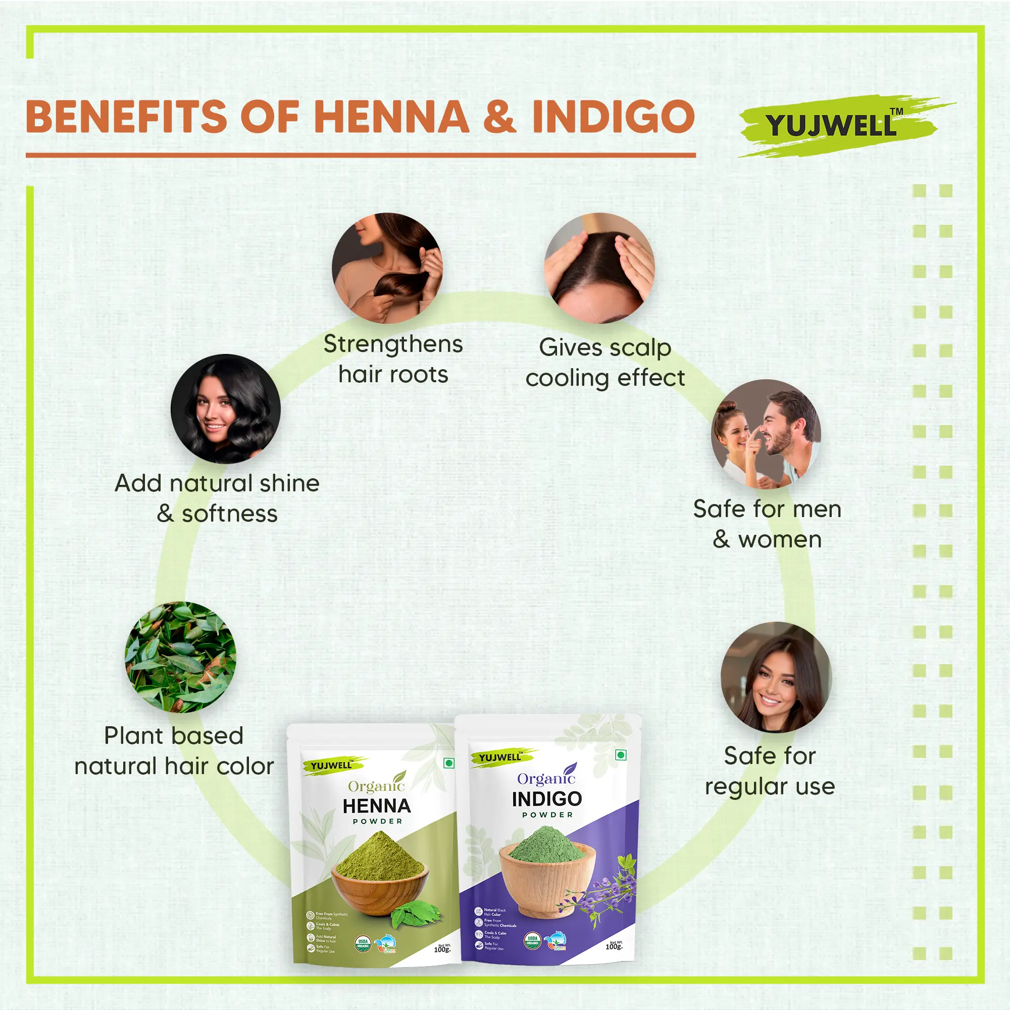 YUJWELL Henna + Indigo Powder Combo (100g + 100g) | Natural Herbal Hair Colour Kit