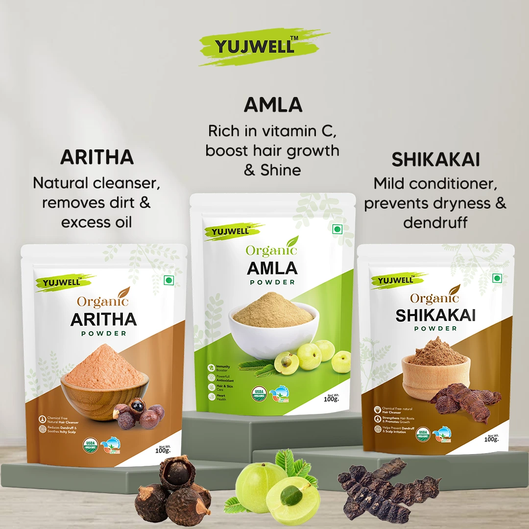 YUJWELL Amla + Aritha + Shikakai Powder Combo (100g + 100g + 100g) | Natural Herbal Hair Care Kit