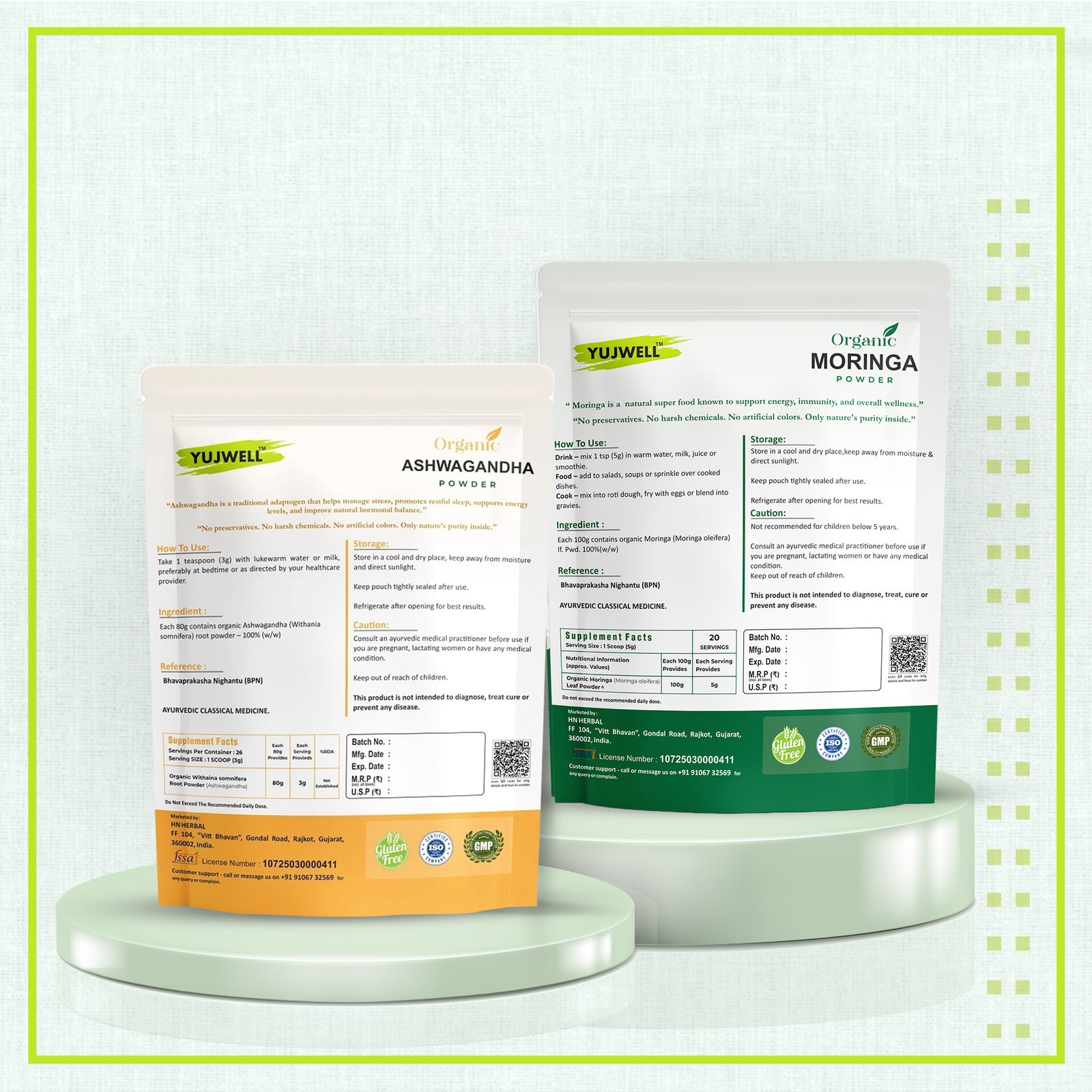 YUJWELL Organic Moringa & Ashwagandha Powder Combo | USDA Organic & India Organic Certified