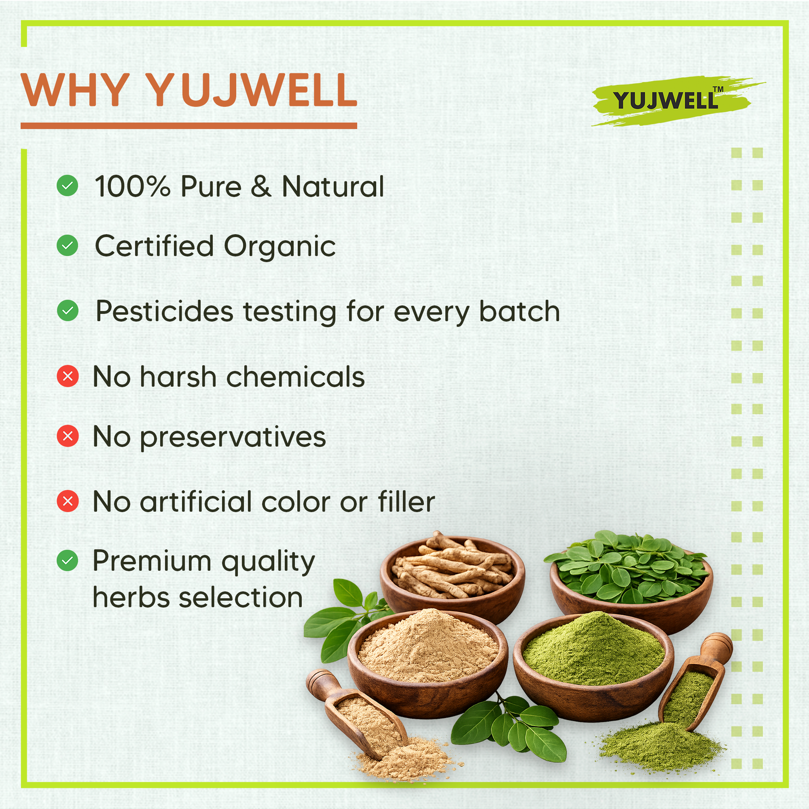 YUJWELL Organic Moringa & Ashwagandha Powder Combo | USDA Organic & India Organic Certified