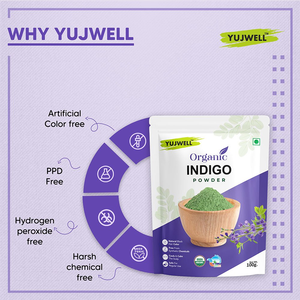 YUJWELL Organic Indigo Powder – USDA & India Organic Certified Natural Hair Color