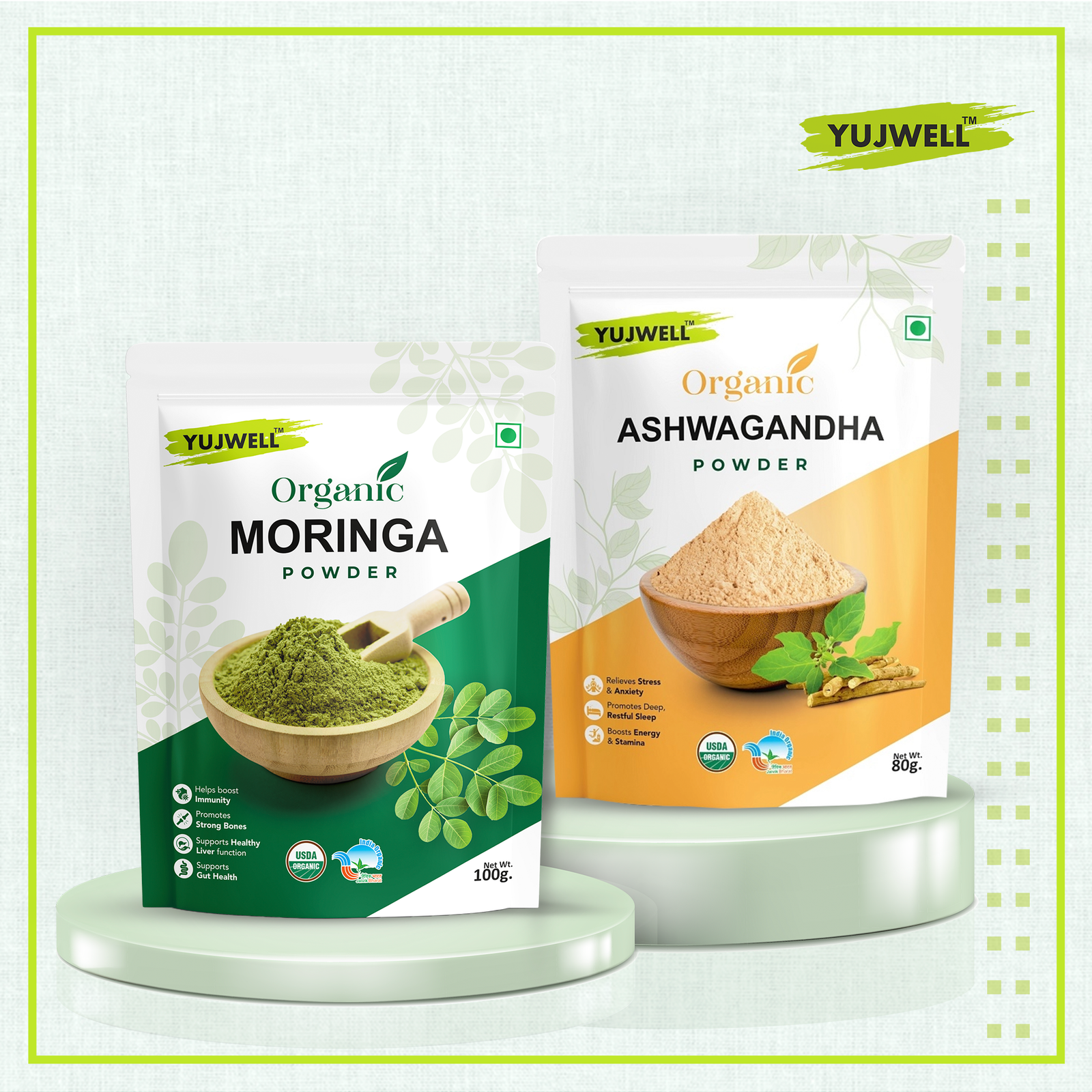 YUJWELL Organic Moringa & Ashwagandha Powder Combo | USDA Organic & India Organic Certified