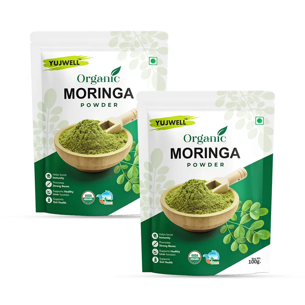 YUJWELL Organic Moringa Powder Pack of 2 (100g x 2) | USDA Organic Certified