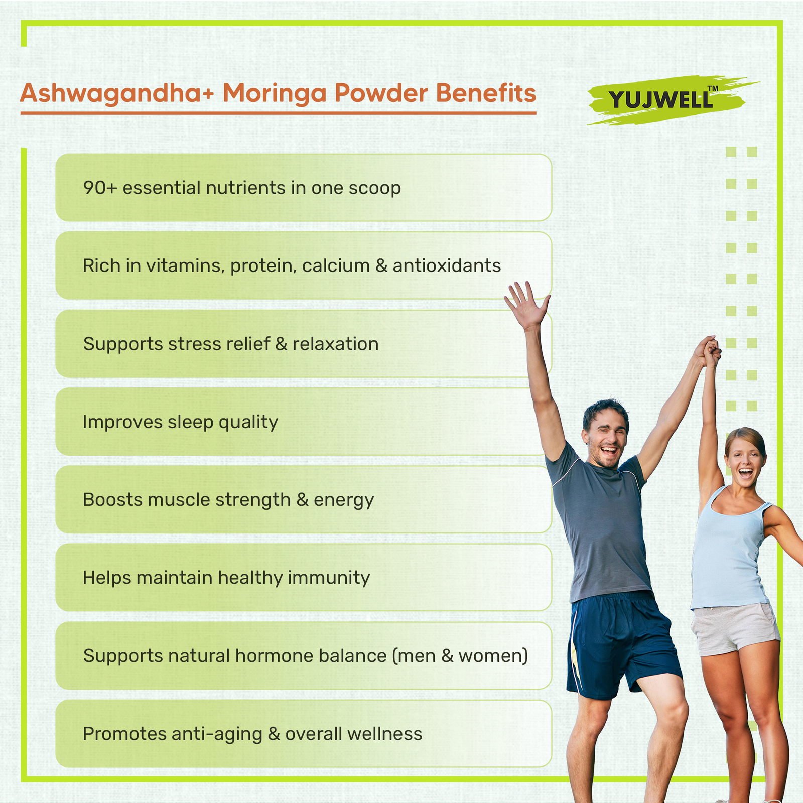 YUJWELL Organic Moringa & Ashwagandha Powder Combo | USDA Organic & India Organic Certified